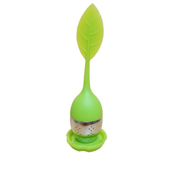 Tea Infuser Silicone Green Leaf Handle Stainless Steel Strainer With Drip Tray - Picture 2 of 6